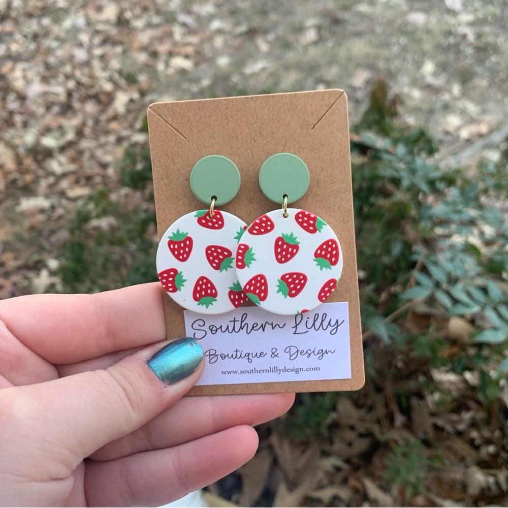 Strawberry Pattern Clay Dangle Earrings